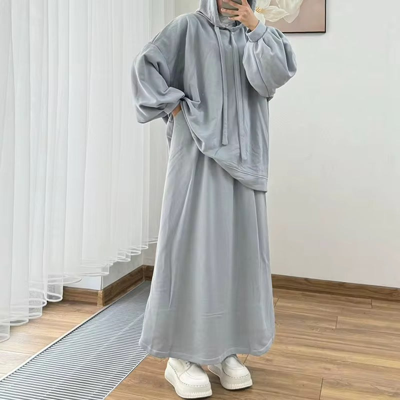Modest Hoodie Maxi Skirt Set, Hijab Friendly Two Piece Outfit, Muslim Women Clothing, Long Sleeve Hooded Set