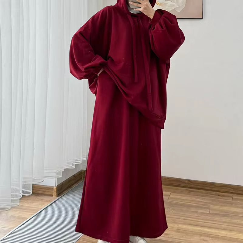 Modest Hoodie Maxi Skirt Set, Hijab Friendly Two Piece Outfit, Muslim Women Clothing, Long Sleeve Hooded Set