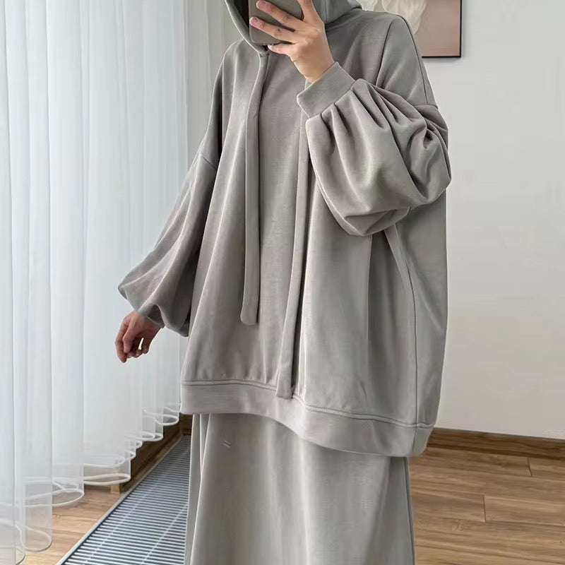Modest Hoodie Maxi Skirt Set, Hijab Friendly Two Piece Outfit, Muslim Women Clothing, Long Sleeve Hooded Set